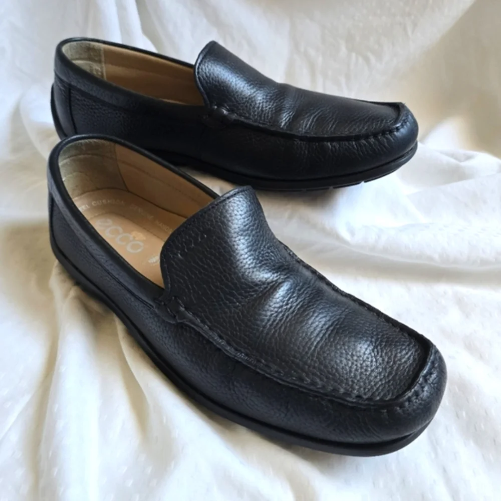 Ecco Sz 43 Mens Black Pebbled Leather Slip-On Comfort Moccasin Moc Driving Shoes